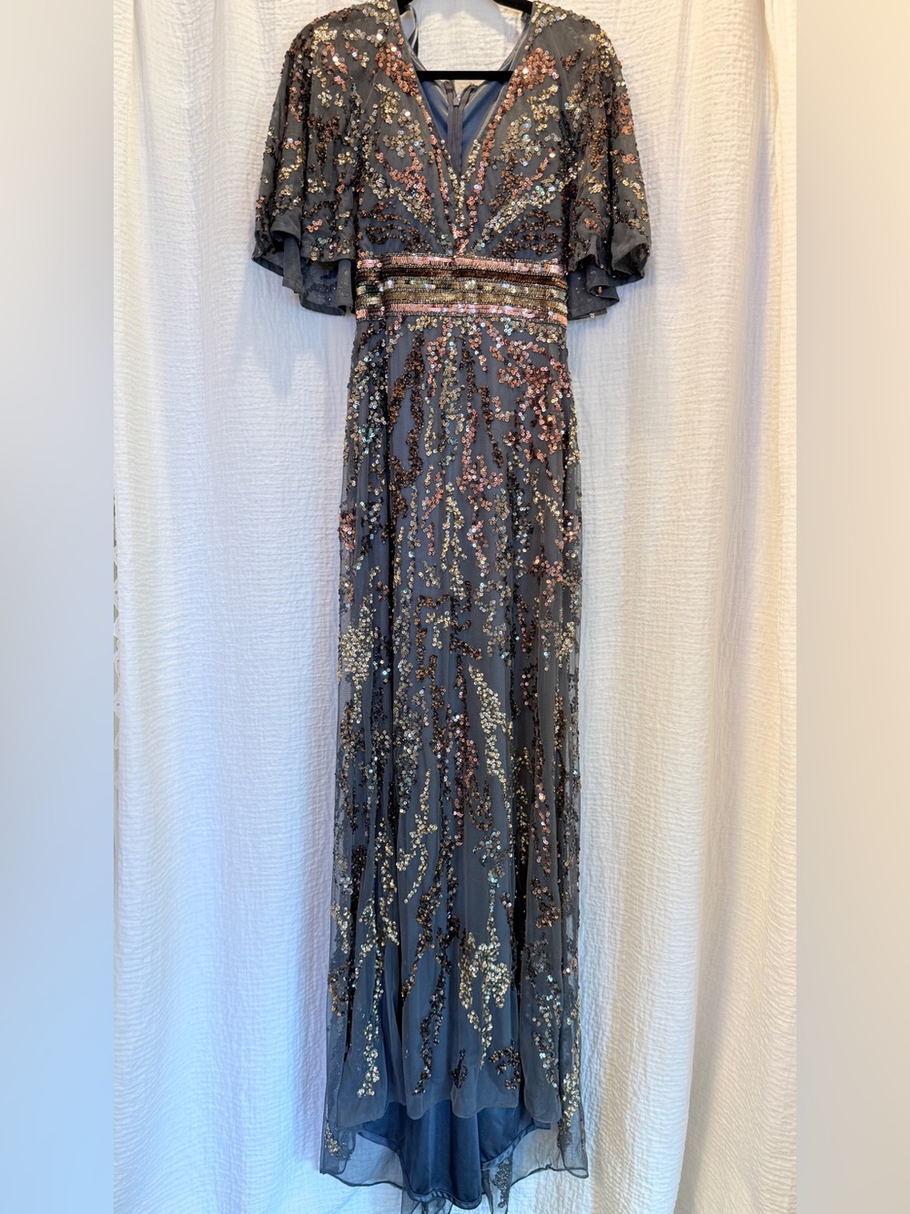 Mac Duggal 5439 Cape Sleeve Embellished Gown in Charcoal Grey